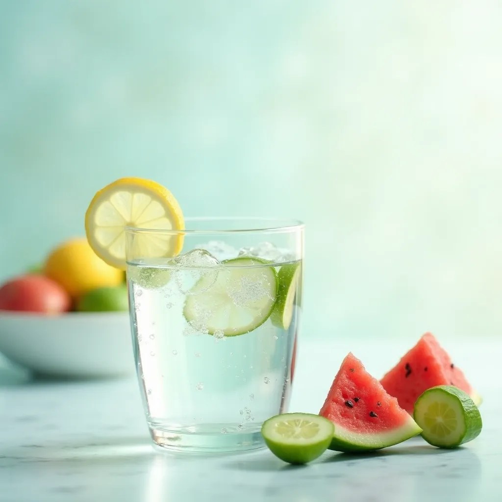 Verre d'eau et fruits frais